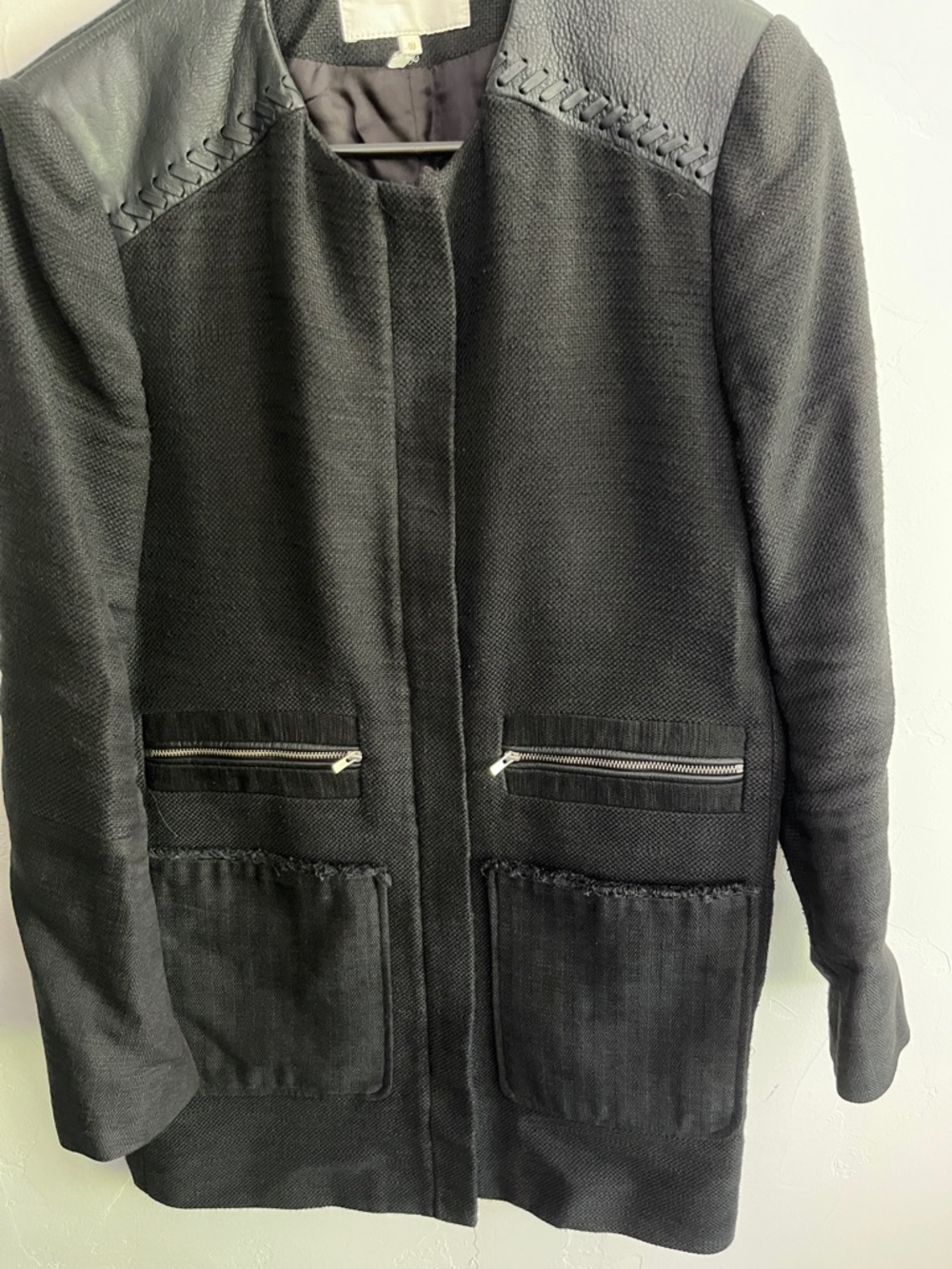 Maje Black Textured Collarless Leather-Trim Coat